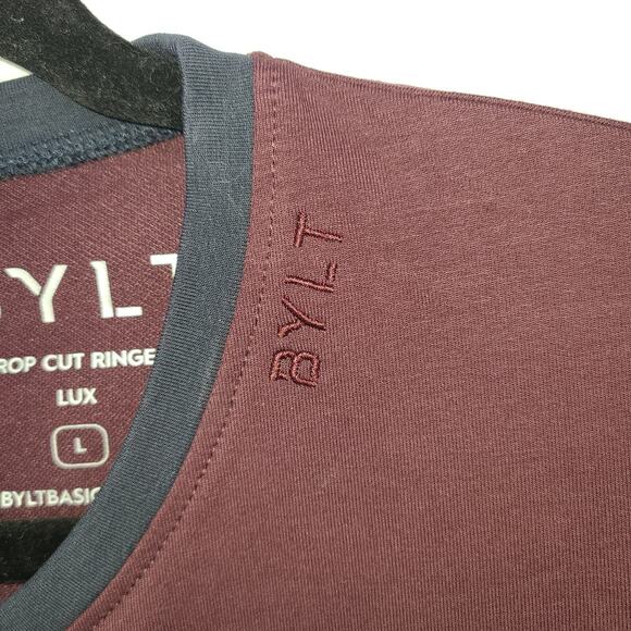 BYLT Men Maroon Drop Cut Ringer Lux Shirt Size Large‎ NEW Short Sleeve Casual - Picture 3 of 11